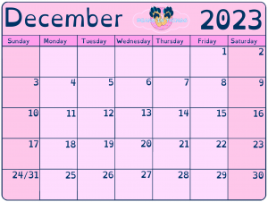 Pink calendar depicting the month of December2023