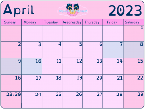 Pink calendar depicting the month of April 2023