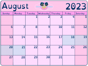 Pink calendar depicting the month of August 2023