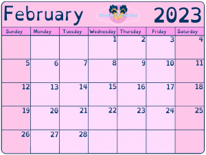 Pink calendar depicting the month of February 2023