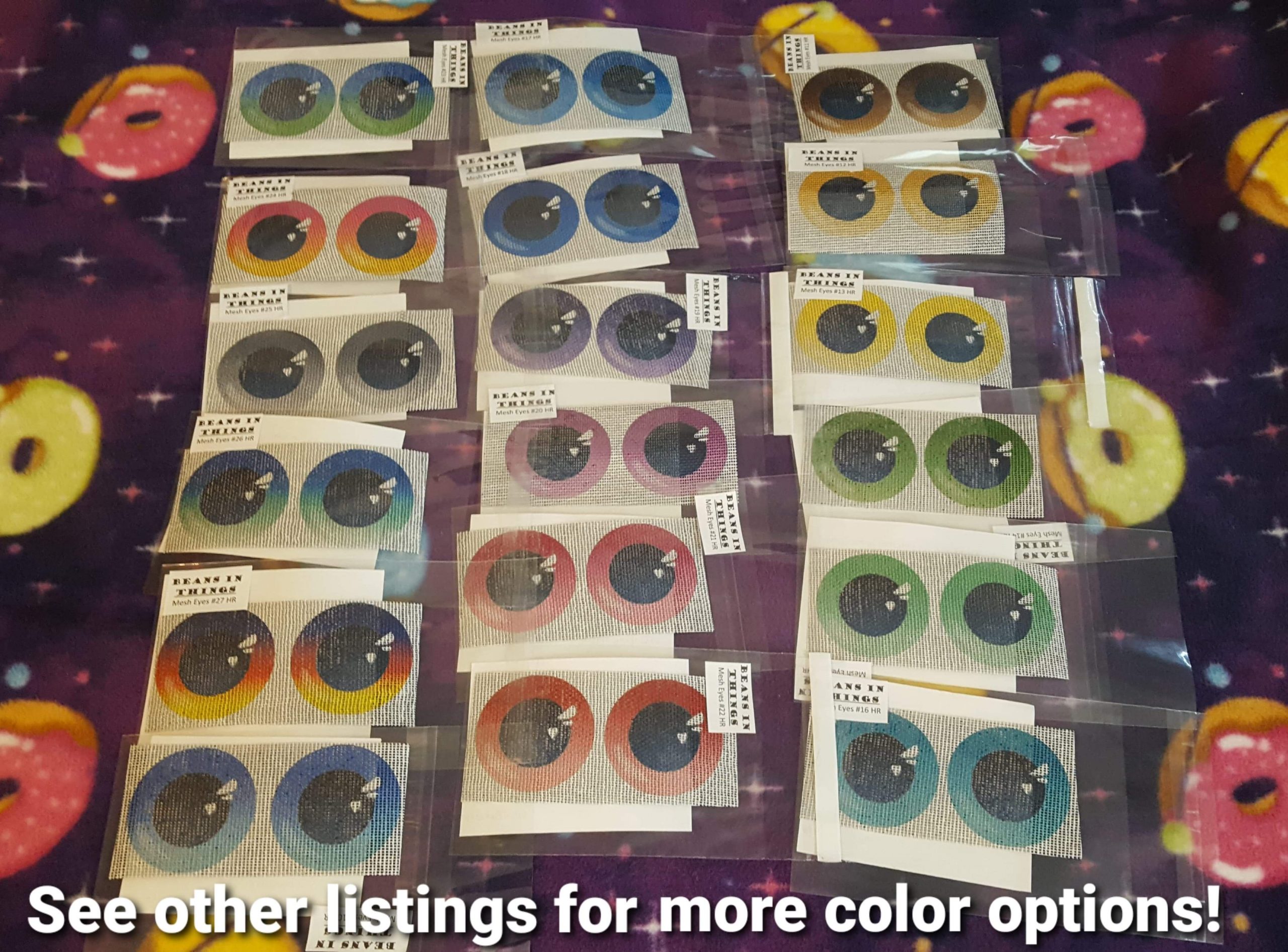 An image depicting our round pupil, heart eye shine style eyes in 27 colors
