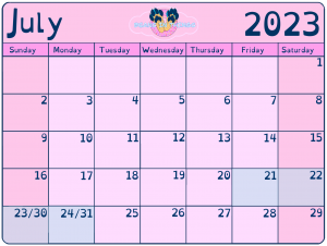 Pink calendar depicting the month of July 2023