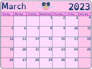 Pink calendar depicting the month of March 2023