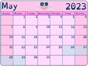 Pink calendar depicting the month of May 2023