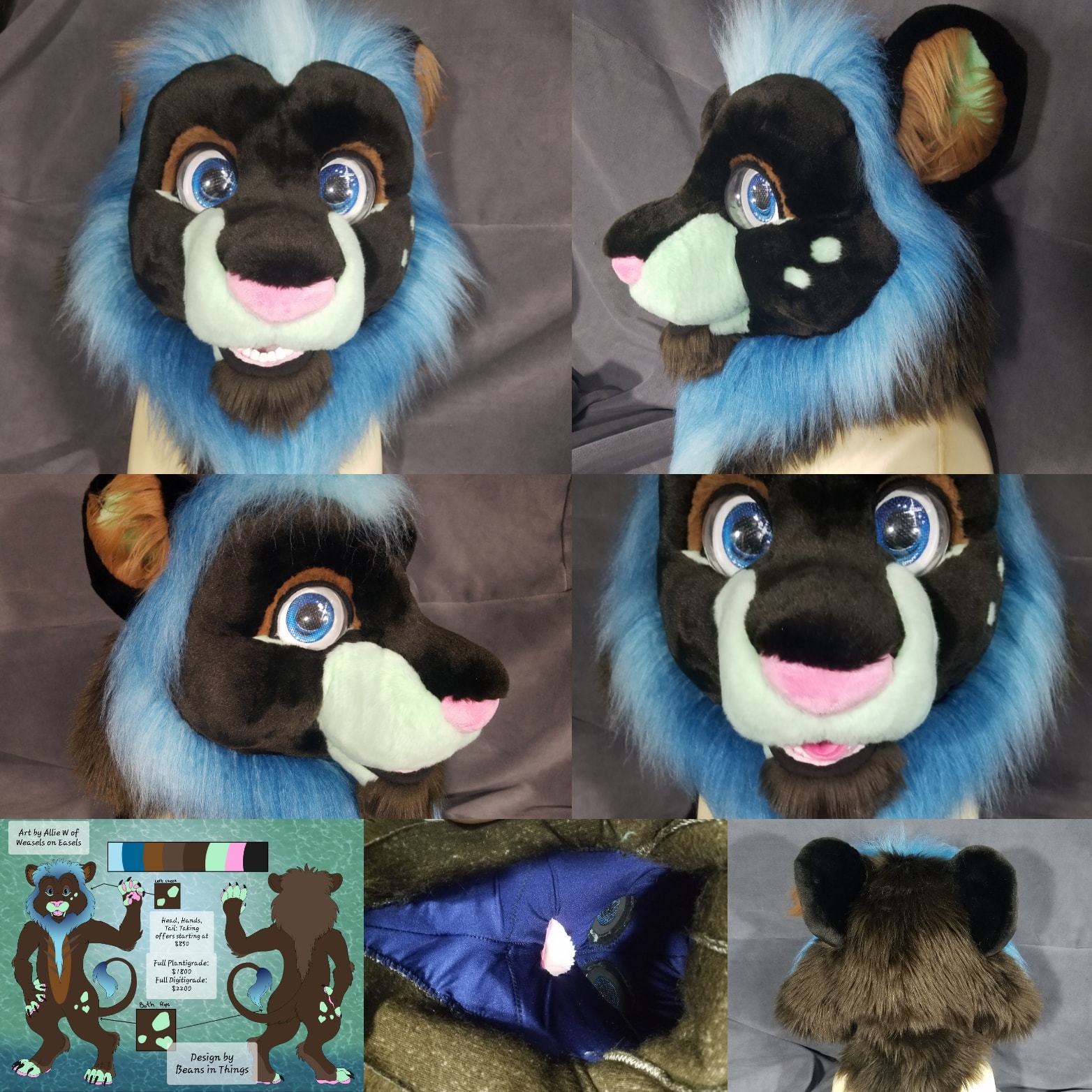 A brown and mint green cartoon lion head with light blue fringe is depicted with painted blue eyes and white eye frames with clear domes. They have a pink tongue, white teeth and are made on a kloofsuit big cat bases.
