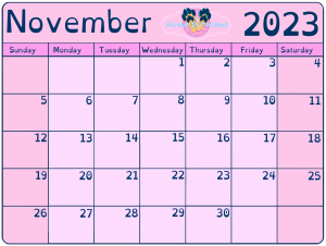 Pink calendar depicting the month of November 2023