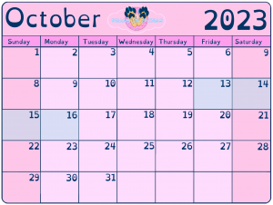 Pink calendar depicting the month of October 2023