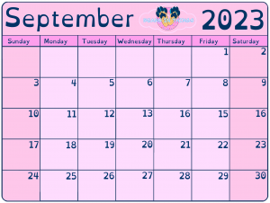Pink calendar depicting the month of September 2023