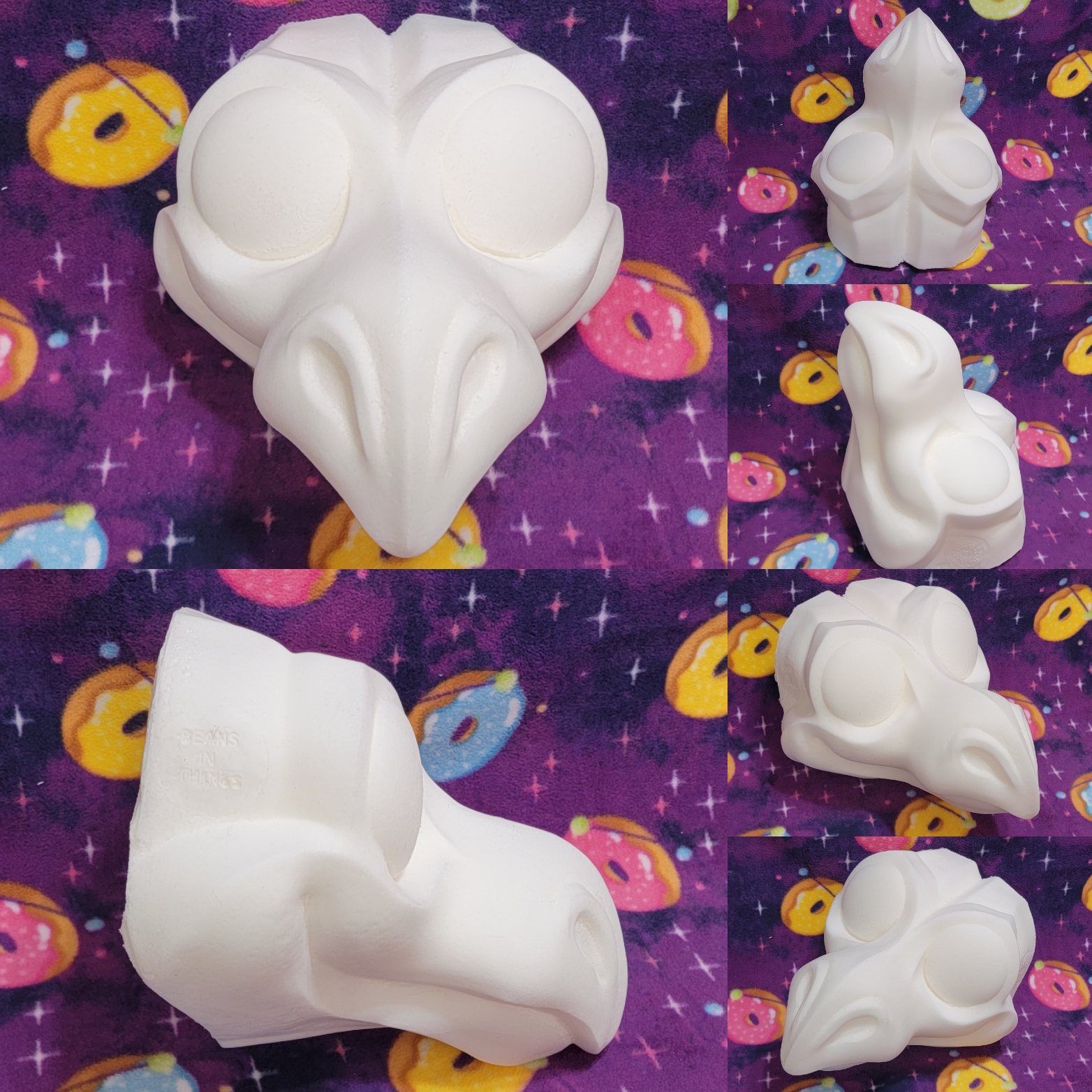 A kit for creating your own dutch angel dragon is shown. To the right is a dragon base made from soft foam, surrounded by foam sheets, resin eye frames, a pink fabric tongue, a pouch with a folded balaclava and two strips of elastic.